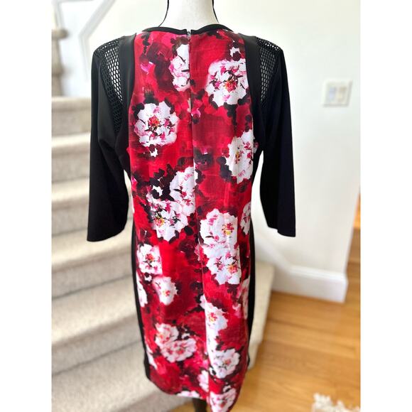 Eloquii Red Floral & Black Color Block Netting Sheath Dress - Picture 4 of 8